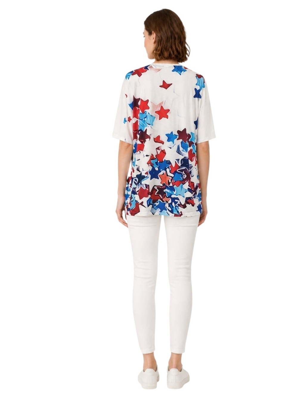 Patriotic white v-neck red white & blue star print soft fabric women’s top - Picture 3 of 11